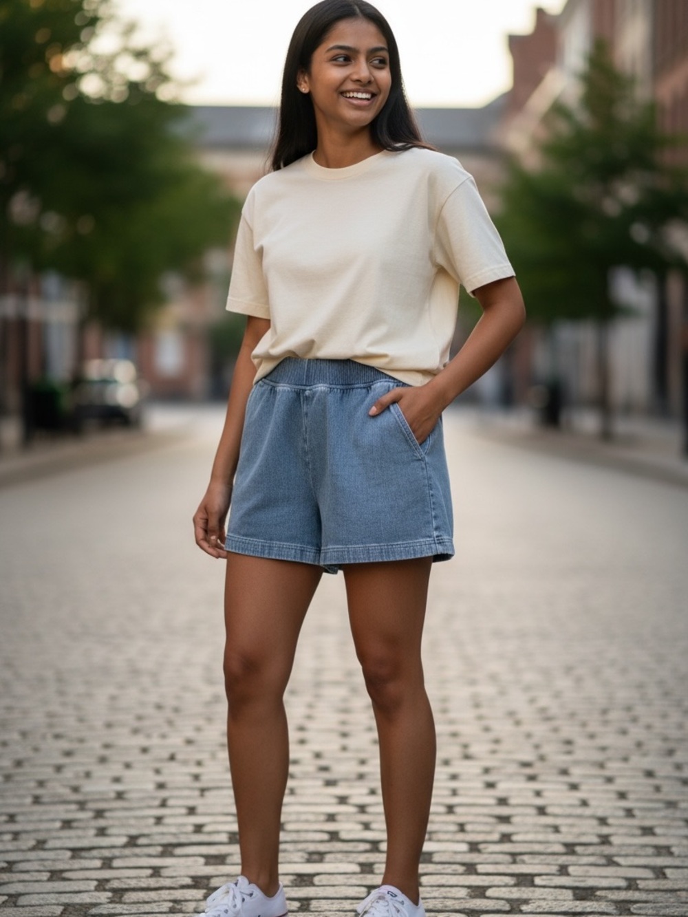 aerie Light Blue Denim Colored Chambray Elastic-WaistShorts